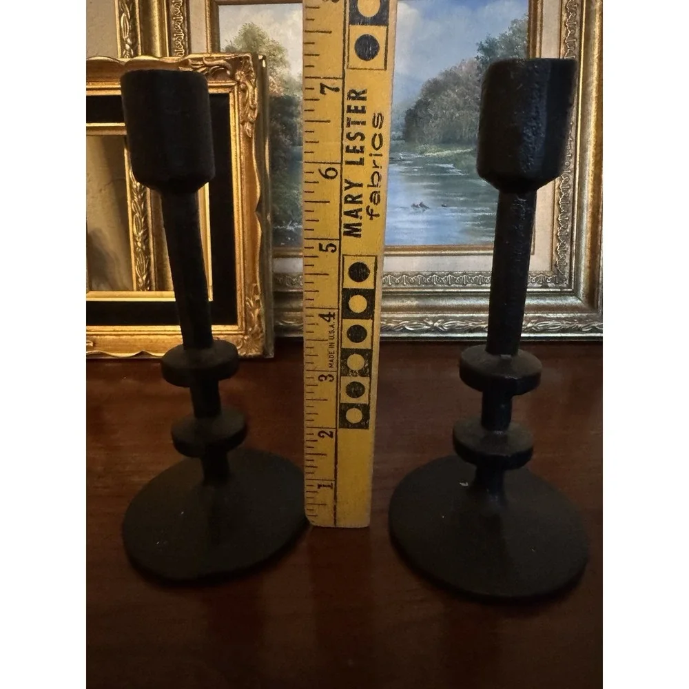 Pair Black Cast‎ Iron Taper Candle Holders Brutalist Style Modernist 7